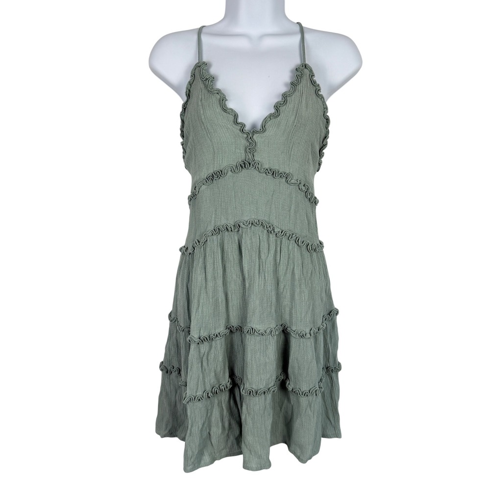 Love‎ Tree Tiered Ruffle Mini Dress Womens Small Crinkle Gauze Sage Green Boho